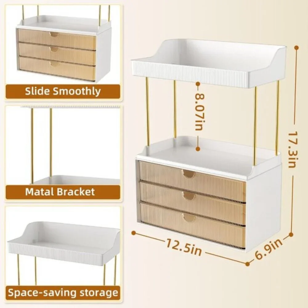 New 3-Drawer Makeup Organizer, 5-Tier Vanity & Skincare Storage in Amber